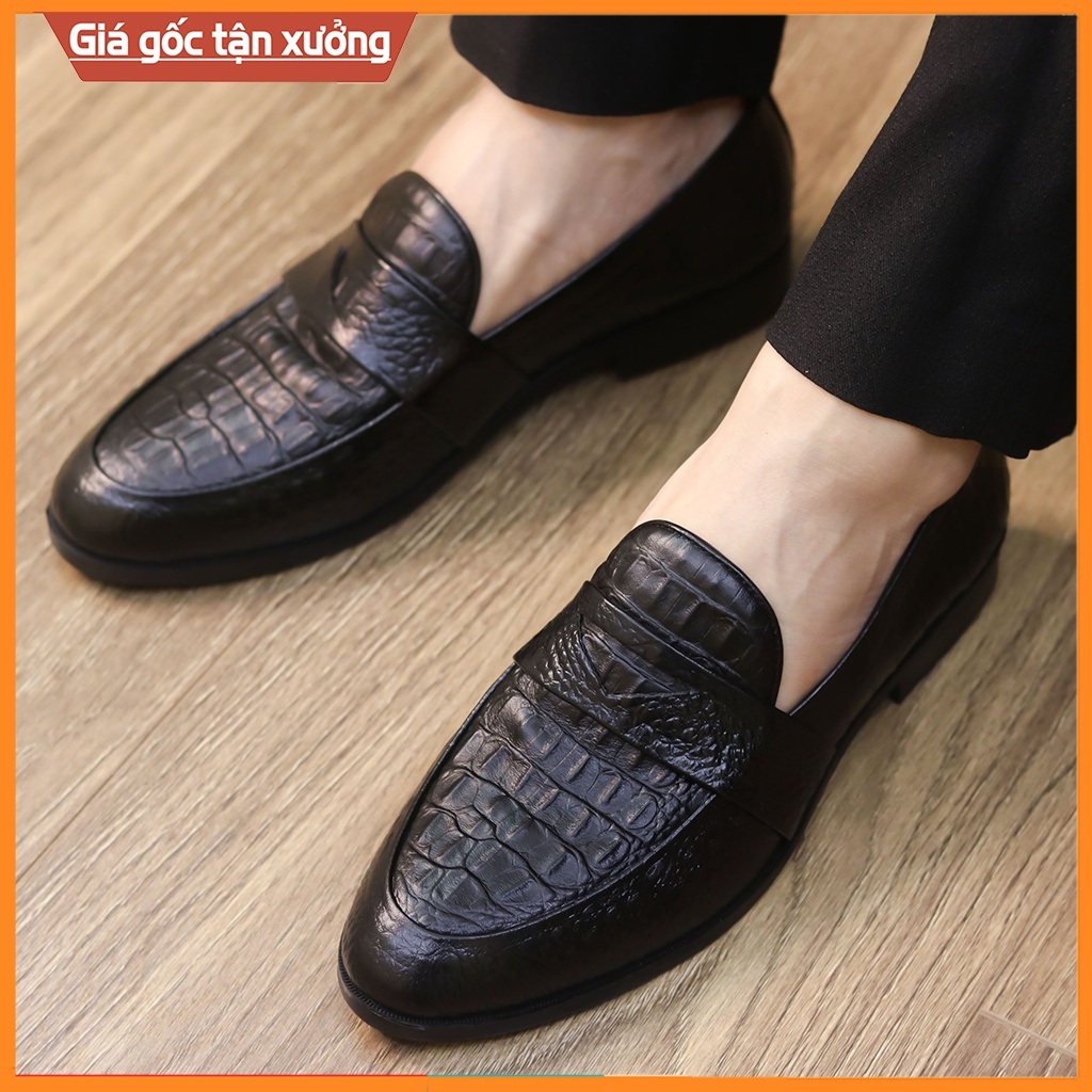 Giày Lười Nam Đep Giá Rẻ Dập Vân Cá Sấu Sang Trọng Mã X091 Màu Đen