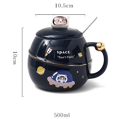 [Hàng mới về] Ly sứ tròn Mèo phi hành gia kèm Nắp và thìa - Cốc mèo phi hành gia uống nước