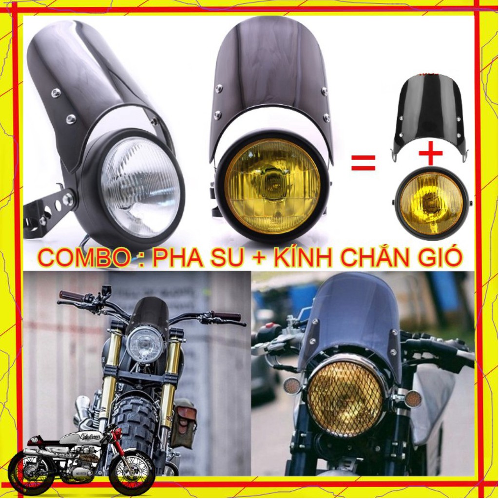 🚚[ FREE SHIP] ⭐⭐⭐⭐⭐ KÍNH CHẮN GIÓ + ĐÈN PHA ĐỘ CAFE RACER , GN127, CG125, WIN, HONDA 67