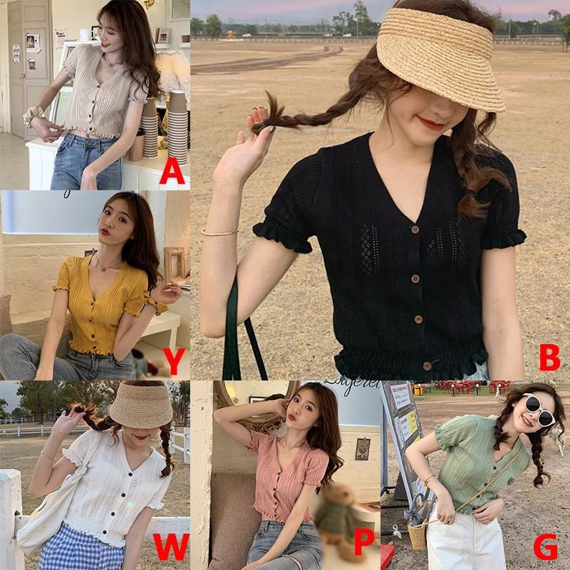 Áo Croptop Dệt Kim Tay Ngắn Thiết Kế Trễ Vai Nữ Tính
