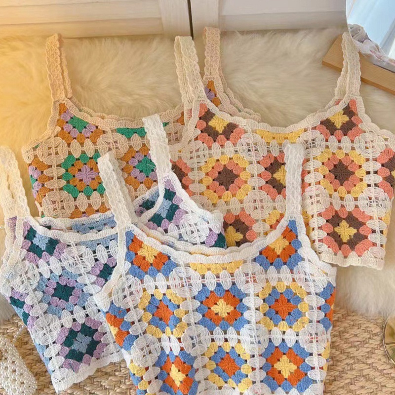 Áo Croptop Dệt Kim Hai Dây Họa Tiết Hoa Nhiều Màu Sắc Thời Trang Đi Biển Cho Nữ