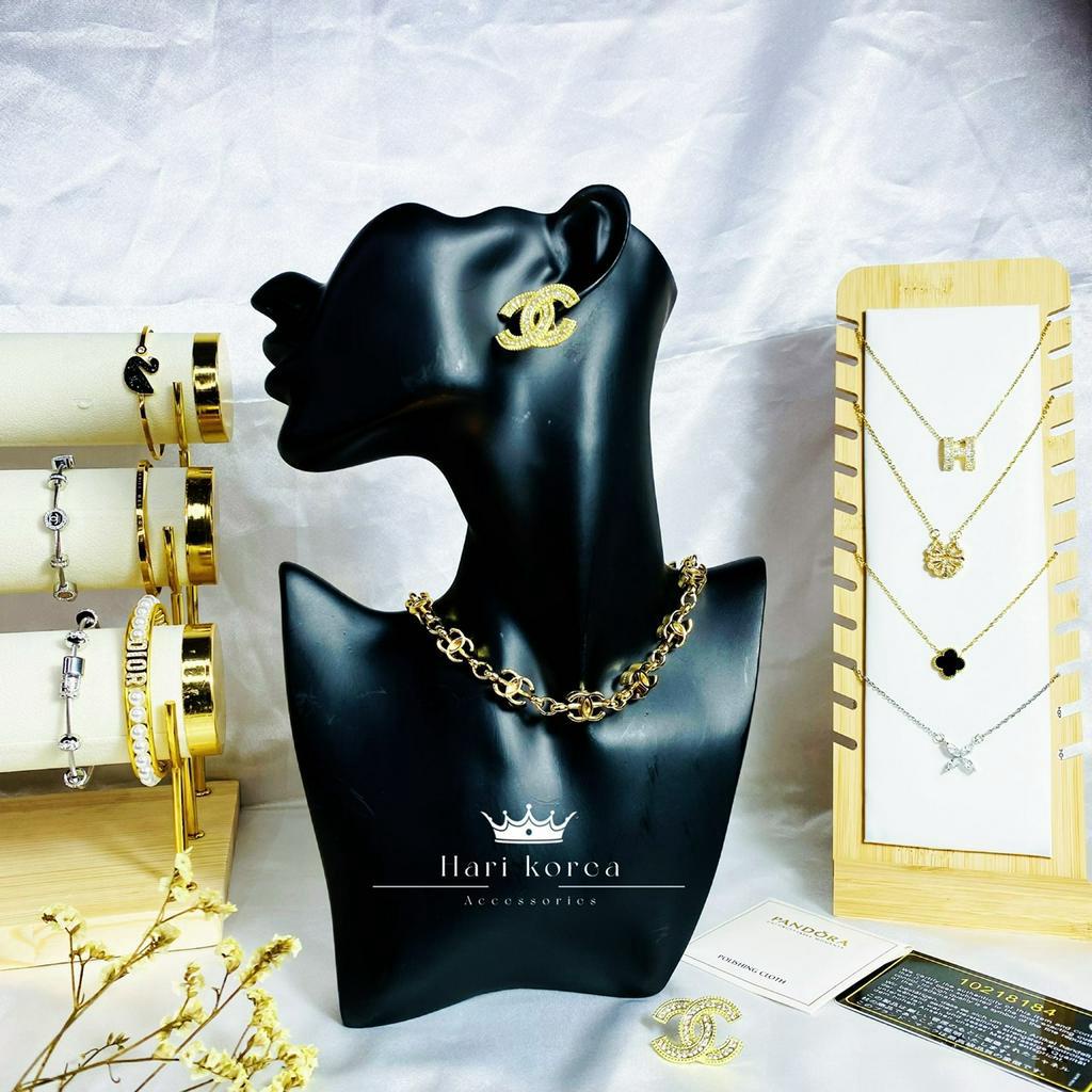 Sét khuyên tai nữ &amp; vòng cổ thương hiệu hàng cao cấp đẹp chuẩn, bộ dây chuyền bông tai nữ sang chảnh hot