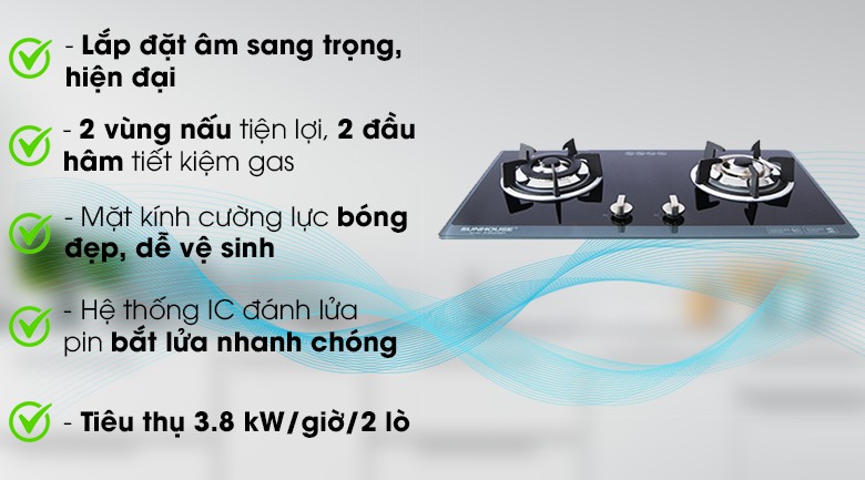 Bếp gas âm Sunhouse SHB5548MT+Chính hãng -tặng dây gas- Đánh lửa IC, kính cường lực