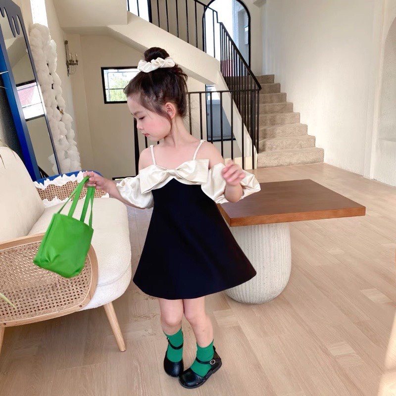 Váy 2 dây bé gái dáng xòe đính nơ ngực trễ vai bé gái từ 10-22kg