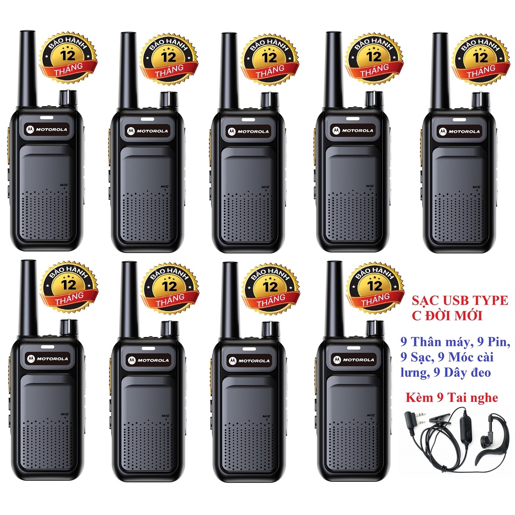 Bộ 9 Bộ đàm Motorola GP999S (Loa to&amp; chống từ tính, Pin sử dụng trên 15 tiếng,cự ly liên lạc xa, Sạc USB Type C)