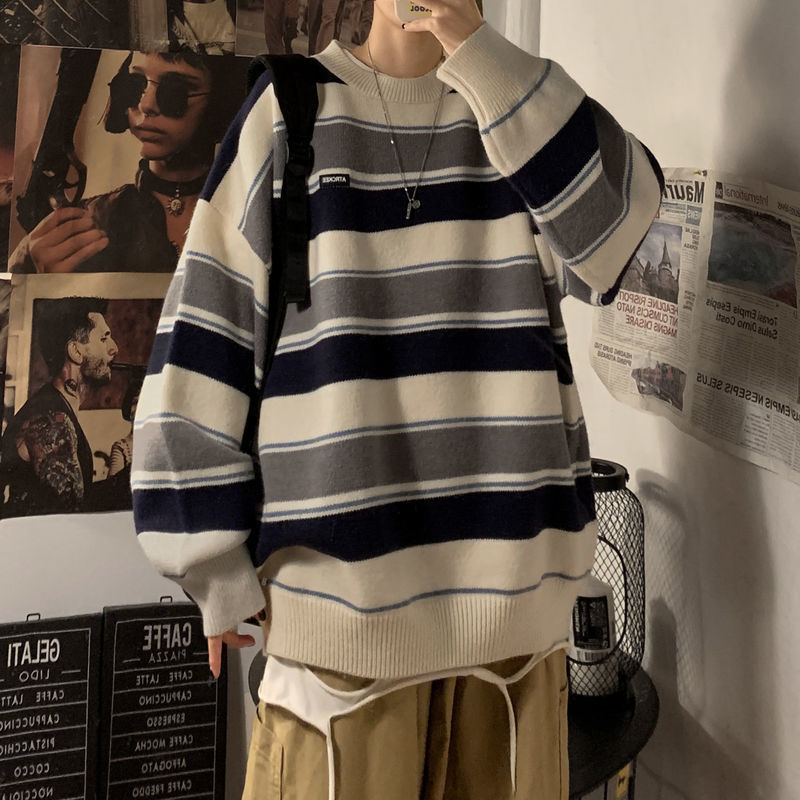 Áo Len Nam Loose New Korean Striped Knitted Round Neck Sweater