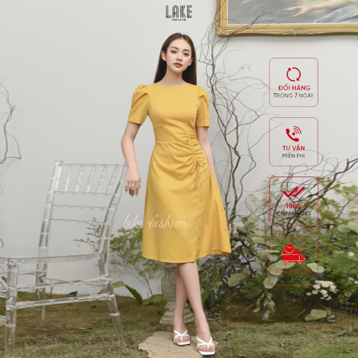 Váy,đầm tay bồng rút eo che bụng lake fashion màu vàng