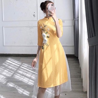 [SIÊU RẺ] Áo dài cách tân, áo dài thêu hoa, 2 màu hồng,vàng (Ảnh Thật) hàng sẵn tại Hana Store