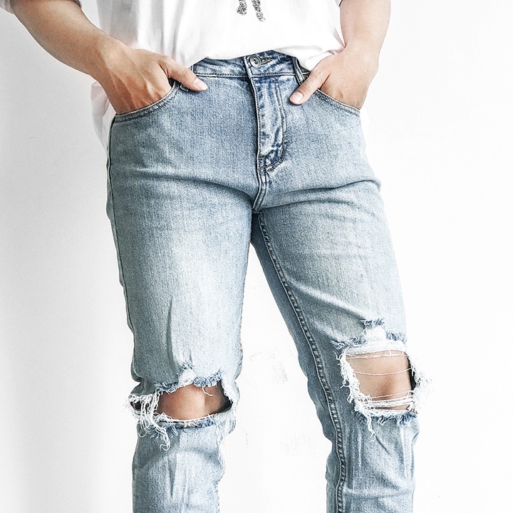 Quần jean nam xanh rách gối - vết rách lớn Quần jean nam skinny Chất jean co giãn [#HT895R] | BigBuy360 - bigbuy360.vn