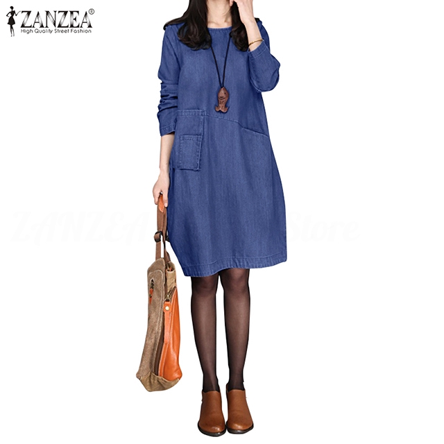 Đầm nữ ZANZEA dài tay cổ tròn thanh lịch thời trang nữ | BigBuy360 - bigbuy360.vn