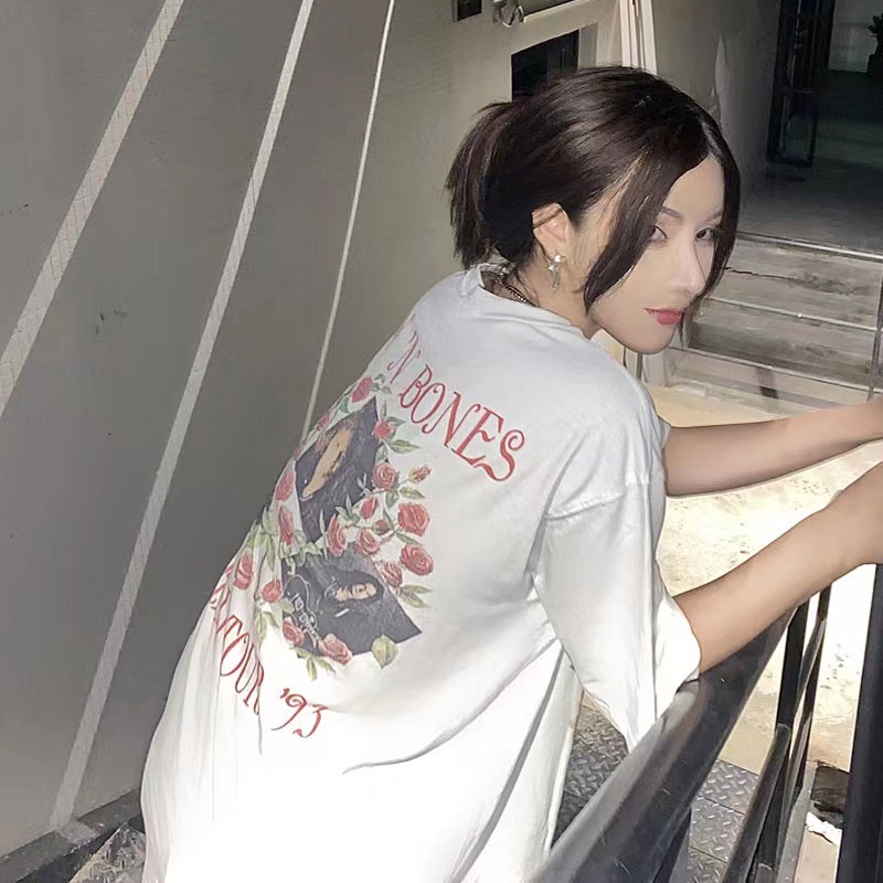 Áo Thun Nữ Ngắn Tay Cổ Tròn In Hoa Thời Trang Hàn