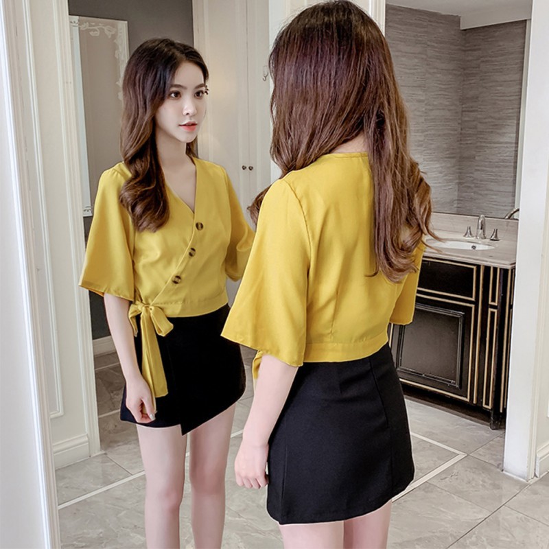 Áo kiểu phối nơ thiết kế cổ chữ V thanh lịch
