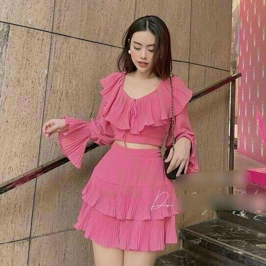 Set áo và chân váy dập ly siêu xinh thiết kế mới dễ thương trẻ trung váy 2 tầng và áo bèo cá tính thời trang Bella