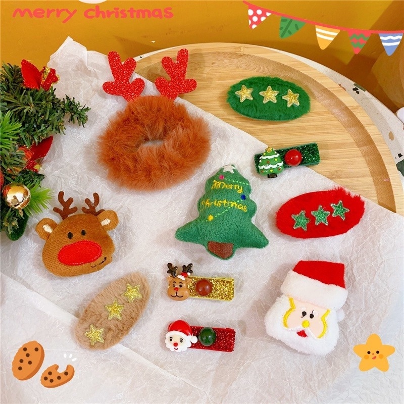 Bộ kẹp tóc 17KM bằng lông nhung hình ông già Noel + sừng hươu + nơ hoạt hình thời trang