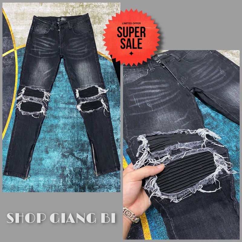 Quần jean vá nhăn gối mikenco phối khoá zip ống chân,quần jean nam mikenco rách gối phối khoá zip ống chân