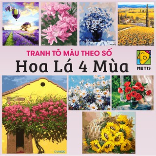 Tranh Tô Màu Theo Số Sơn Dầu Bình Hoa Lá Phong Cảnh Hoa 4 Mùa Căng Khung Sẵn Dễ Tô METIS