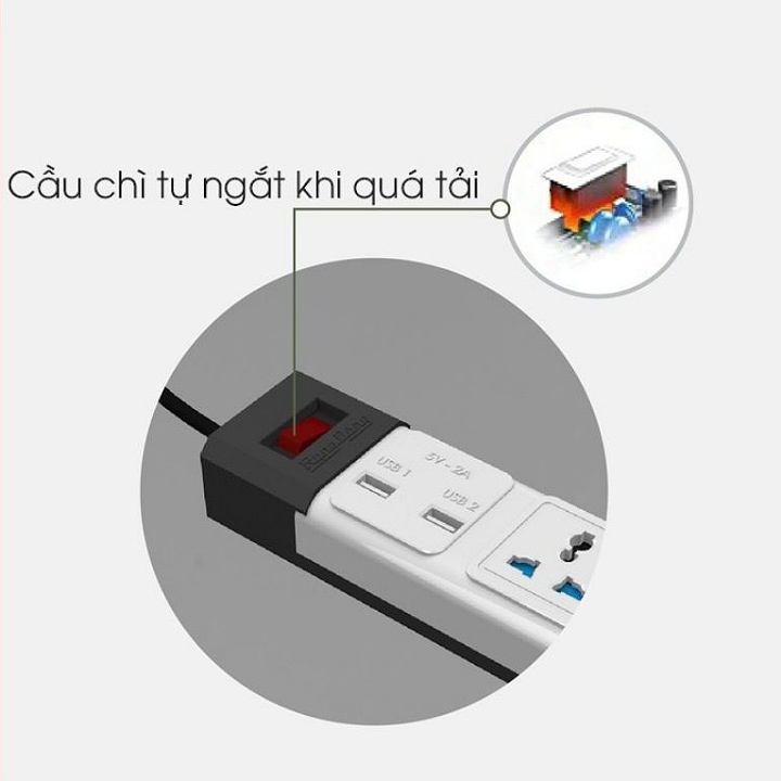 Ổ Cắm Điện Đa Năng Rạng Đông 2 Cổng USB, Sạc Nhanh 5V-2A, Ổ Điện Chịu Tải 2500W, Tích Hợp Rơ Le Tự Ngắt, Dây Nối Dài 3M