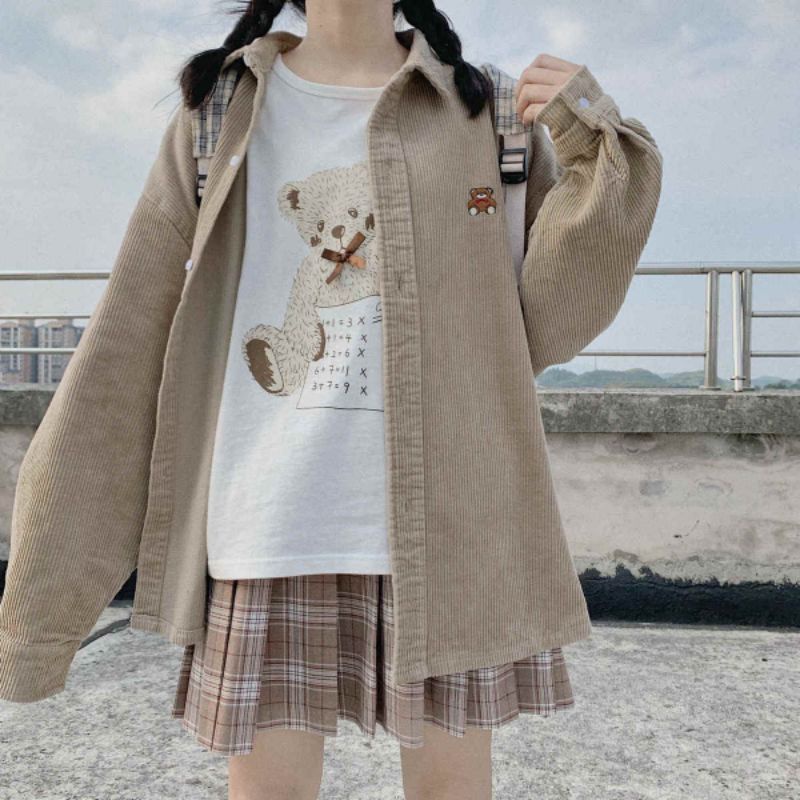 Áo Sơ Mi Oversize Màu Nâu Be Chất Nhung Tăm
