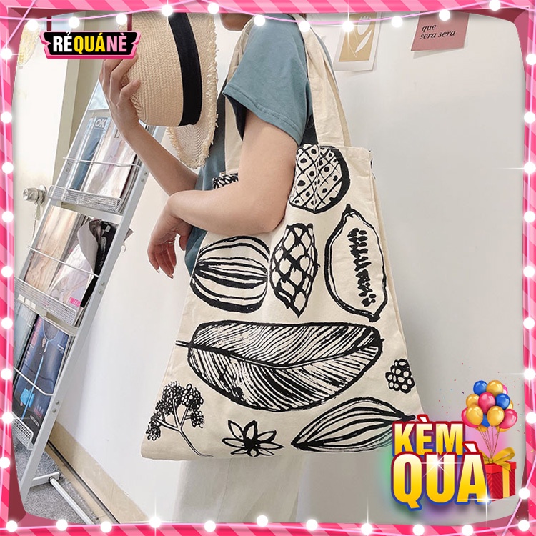 Túi Tote Vải Cỡ Lớn Đeo Vai Style Korea 3 Ngăn Phối Lá
