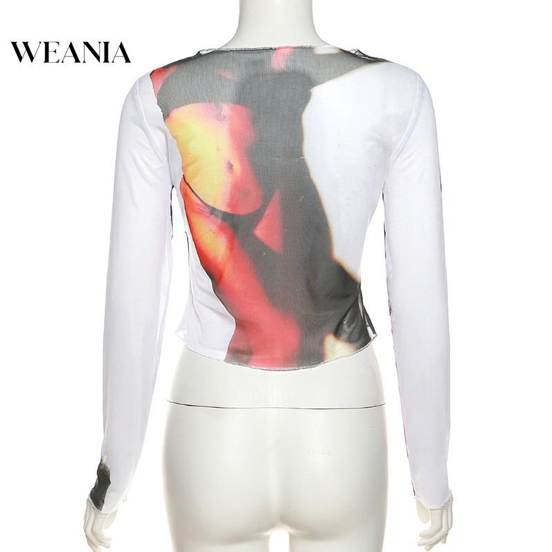 Áo Croptop Tay Dài Xuyên Thấu Hoạ Tiết In Thiết Kế Quyến Rũ