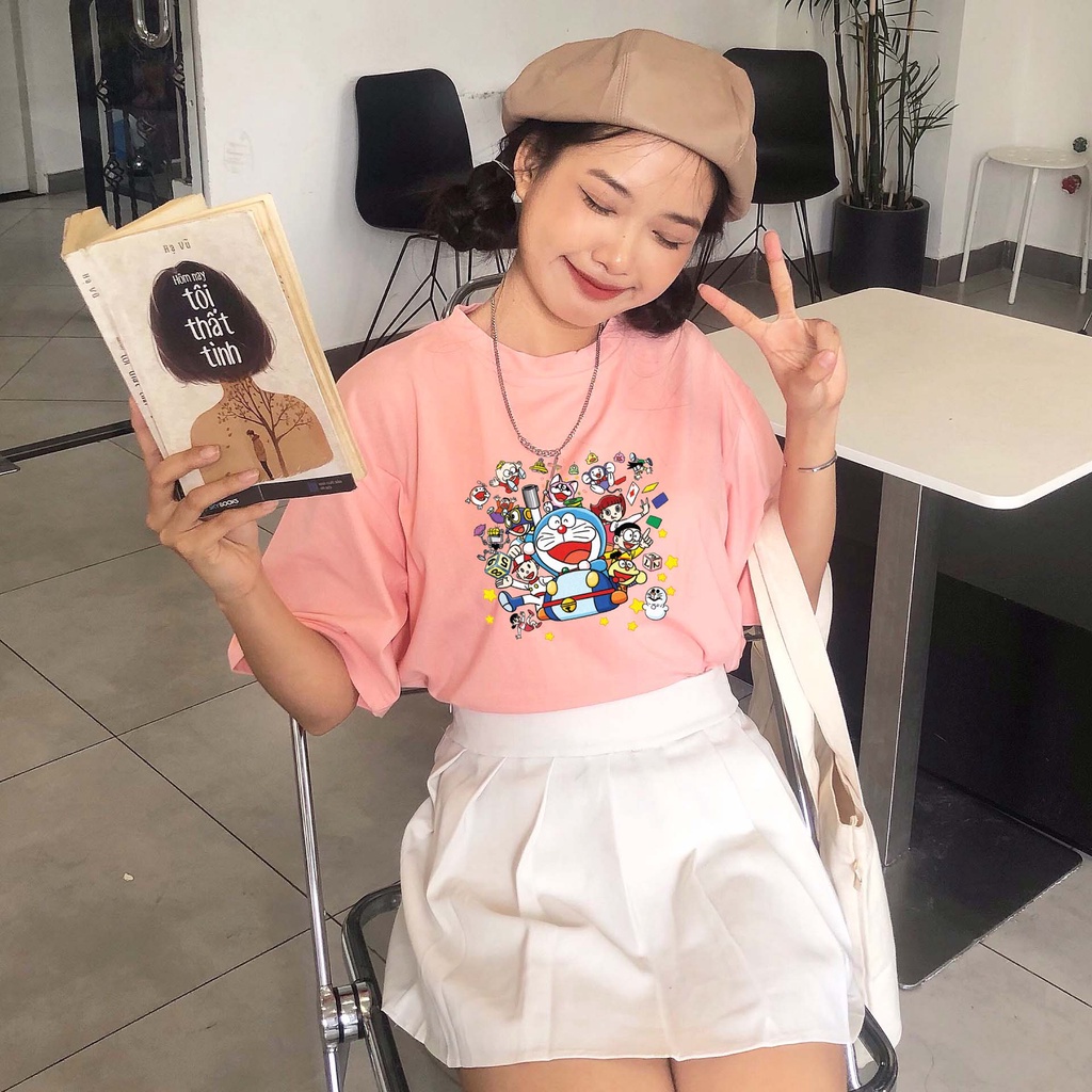 Áo thun unisex hoạt hình DORAEMON 100% cotton oversize tay lỡ form rộng