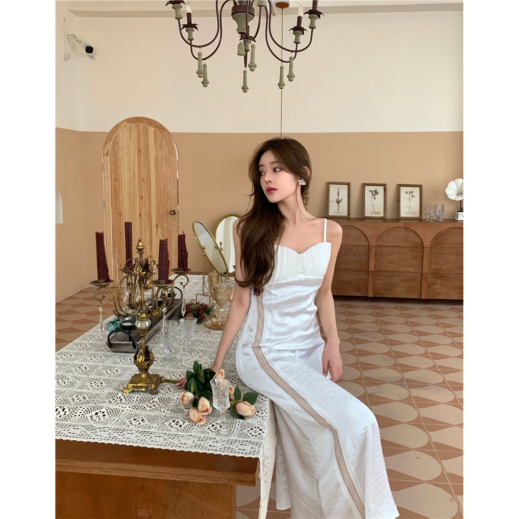Đầm 2 dây trắng dự tiệc đi biển dài khâu ren du lịch vải satin sang trọng ulzzang
