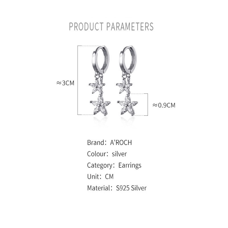 Khuyên tai bạc Ý s925 siêu phẩm hai đôi hoa 5 cánh thả dài E3919 - AROCH Jewelry