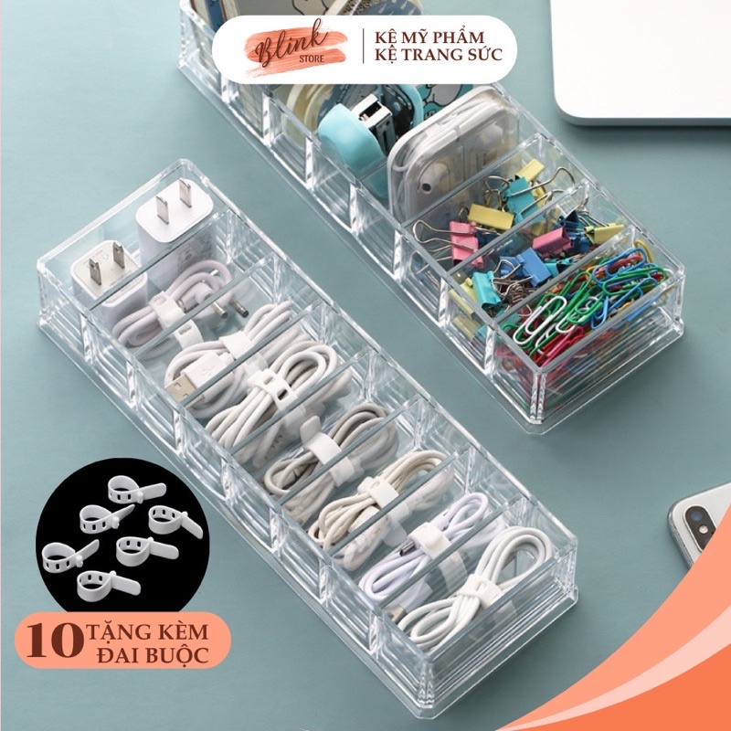 Hộp đựng dây sạc điện thoại, đựng củ cáp sạc 8 ô (tặng 10 dây đai buộc) chất liệu nhựa mica trong suốt, dày dặn