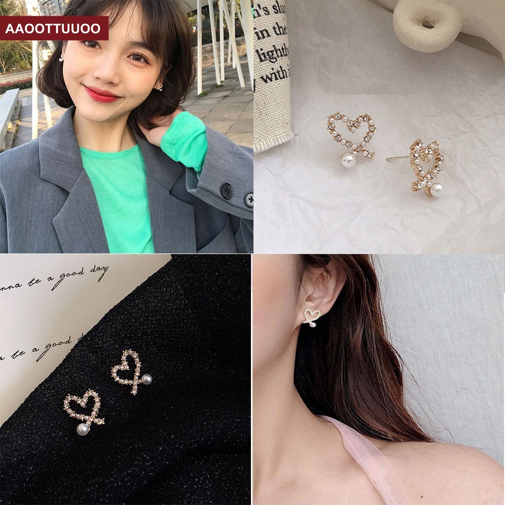 Hoa Tai Hình Trái Tim Đính Đá Lấp Lánh Phong Cách Hàn Quốc