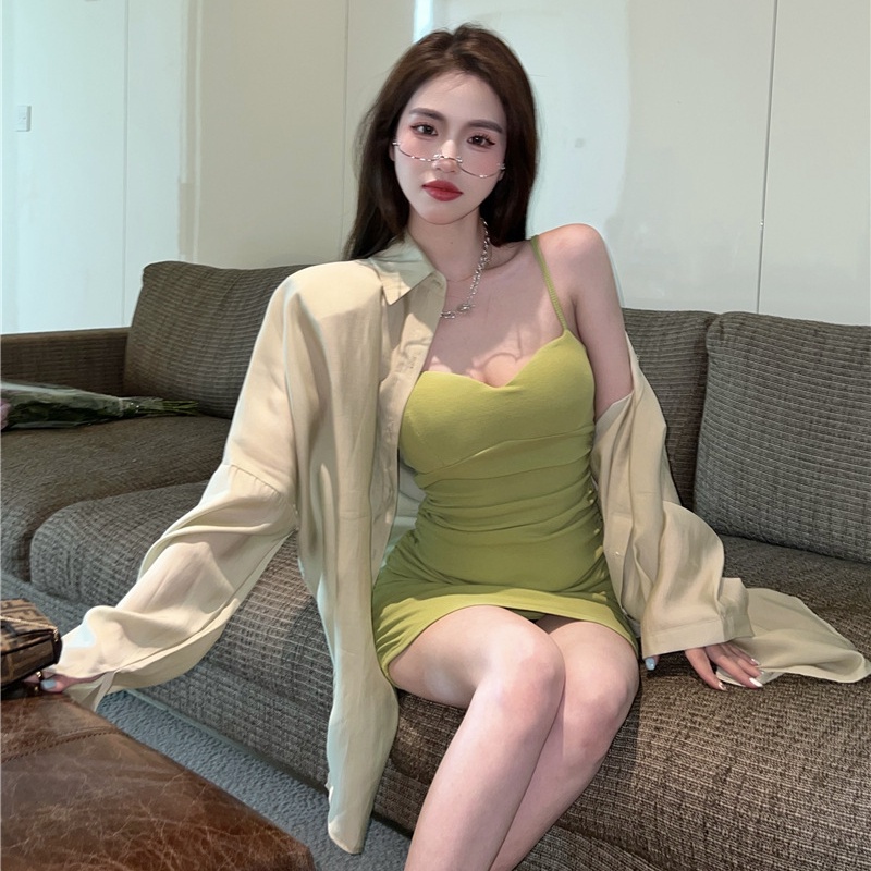Bộ Áo Sơ Mi + Đầm Yếm Phong Cách Hàn Quốc Hong Kong Thời Trang Cho Nữ