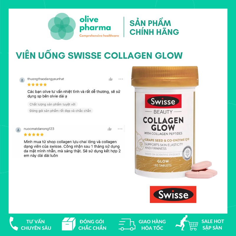 (Đủ bill_mẫu mới) Viên uống đẹp da căng bóng mịn Swisse Collagen Glow nội địa Úc 60 viên