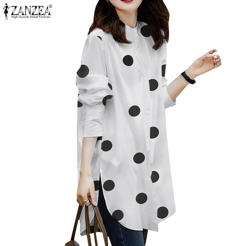 Áo sơ mi ZANZEA tay dài cổ tròn họa tiết chấm bi thiết kế thời trang dành cho nữ