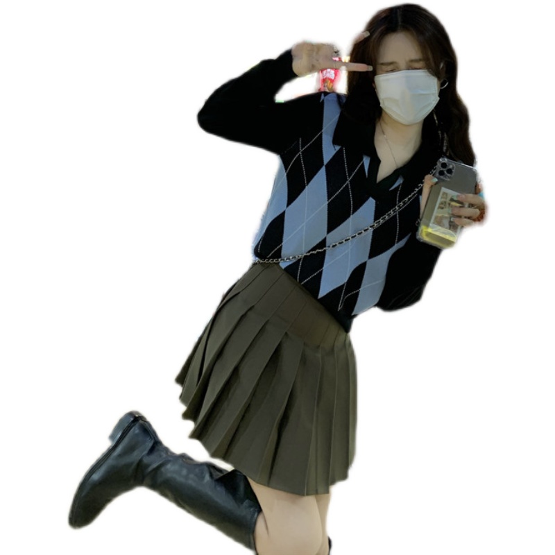 Áo Len Tay Dài Màu Sắc Tương Phản Phong Cách Retro Hàn Quốc