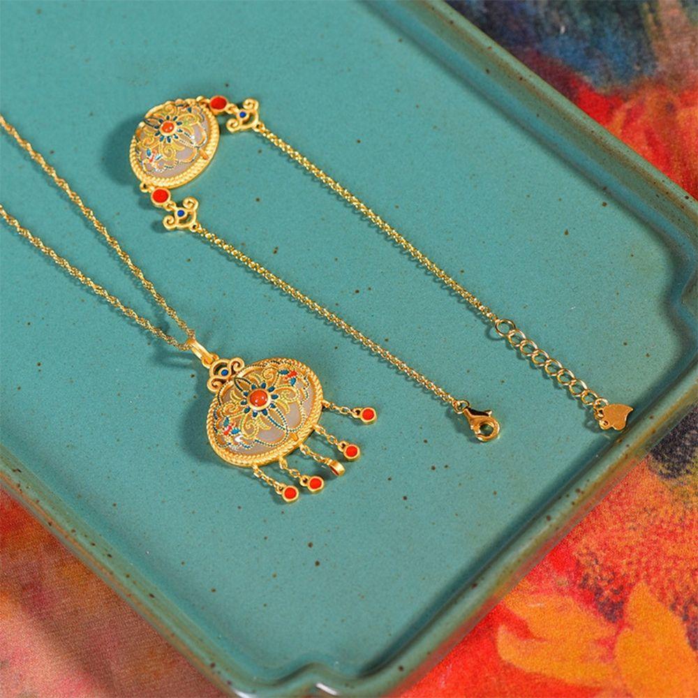 MXGOODS Vòng cổ Mặt Ngọc Bích Phối Tua Rua Phong Cách Trung Quốc