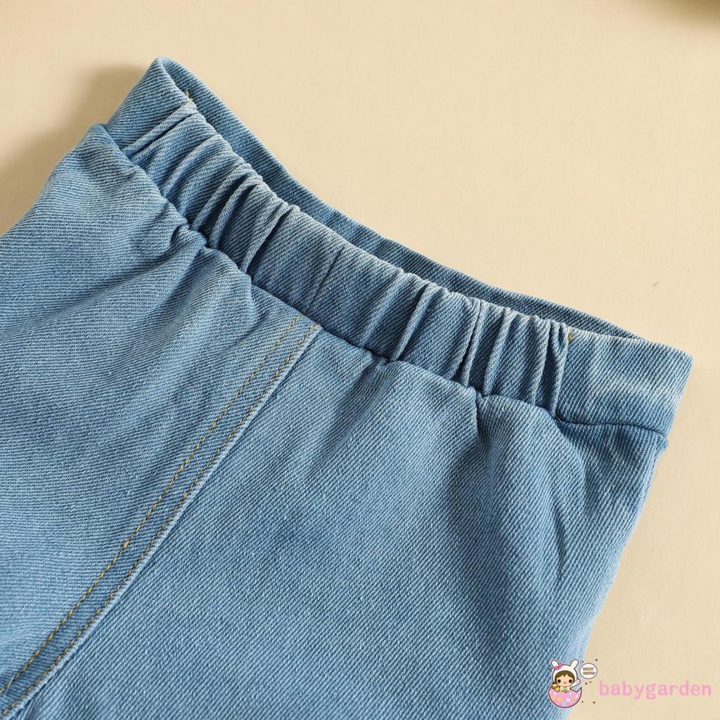 Set Áo Croptop Trễ Vai Tay Dài + Quần Short Denim Phối Lông Dễ Thương Cho Bé Gái 6 Tháng - 4 Tuổi