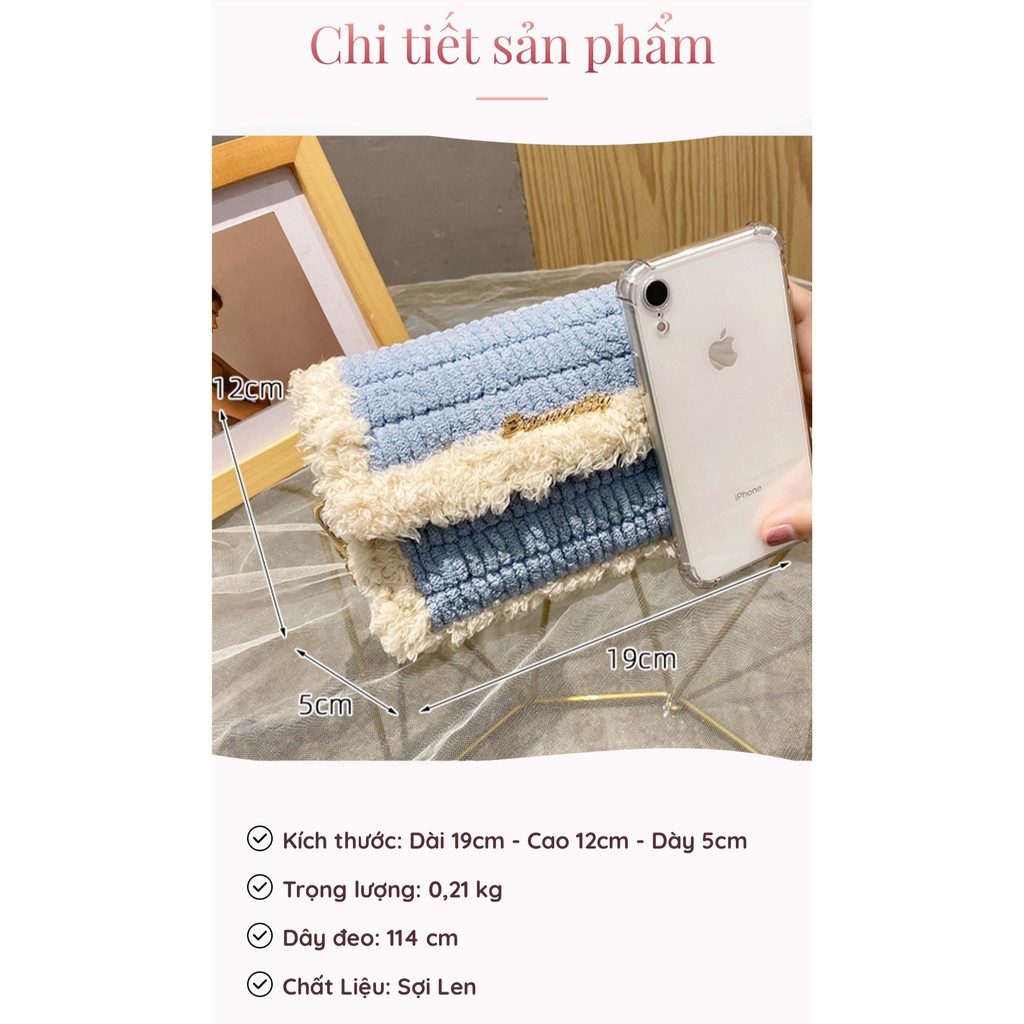 Túi Handmade Viền Xù ❤️ Ebi Store - Freeship ❤️ Túi Len Tự Đan Phối Màu Sành Điệu, Nguyên Set Phụ Kiện