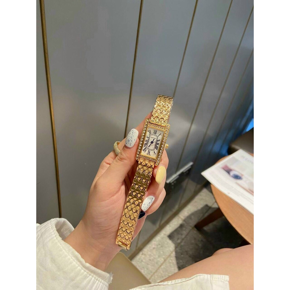 Đồng hồ nữ catier ca14 dây thép , viền nạm đá , size 20x30mm