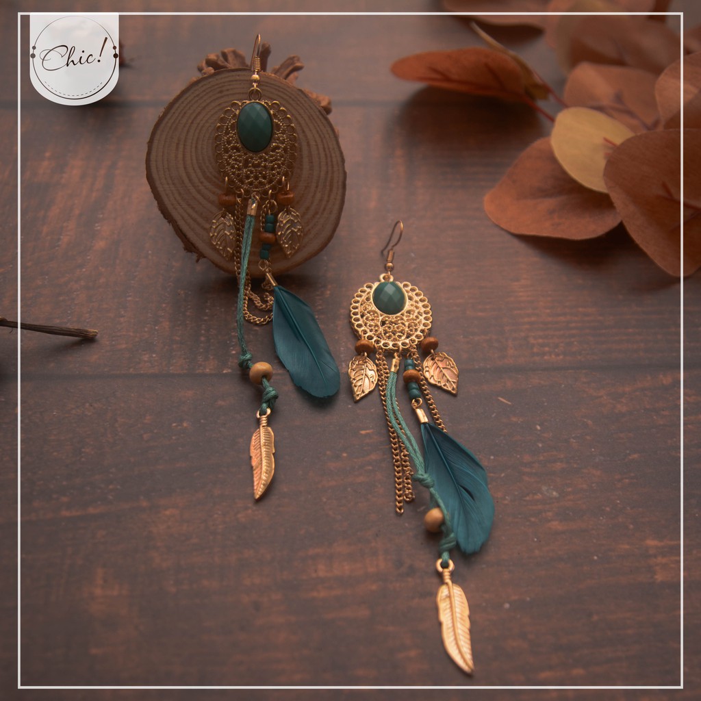 Hoa Tai Boho Lông Vũ Lá