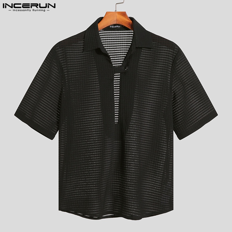 Áo thun polo INCERUN tay ngắn cổ chữ V màu trơn phối lưới xuyên thấu cho nam