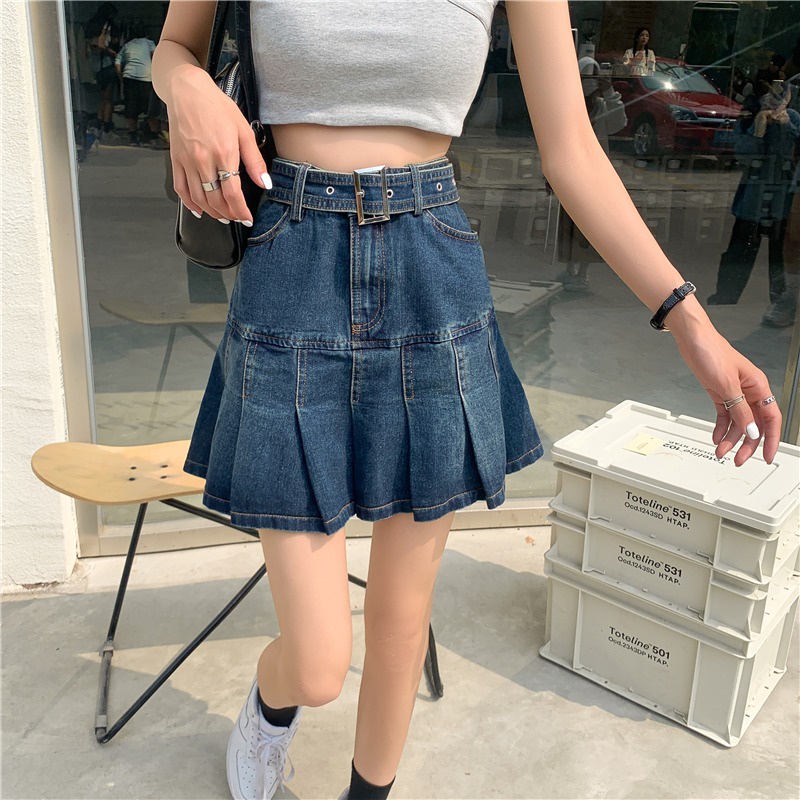 Chân váy jeans xếp ly kèm đai Thucucstore Chân váy jeans chữ A hàng chuẩn Quảng Châu loại 1