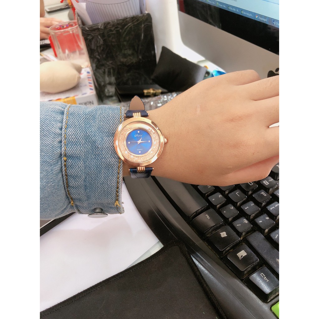 Đồng hồ nữ Shshd thời trang cườm xoay dây da T17