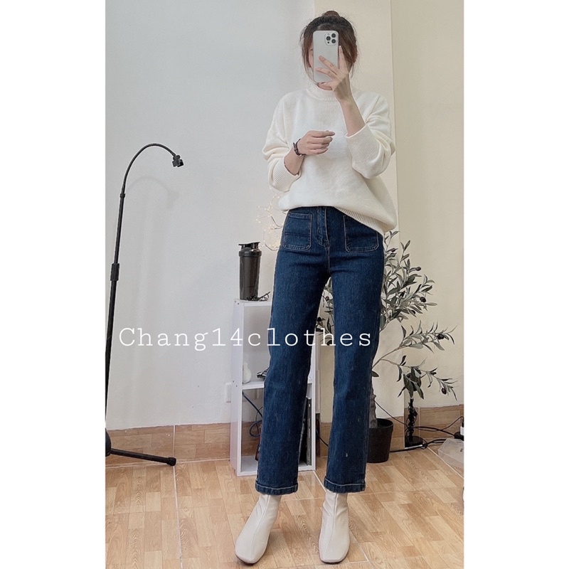 Quần bò nữ trơn jeans loe nhẹ dáng xuông co dãn nhẹ có túi phía trước