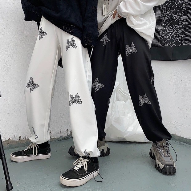 (jogger + suông) QUẦN DÀI ỐNG RỘNG IN HÌNH BƯƠM BƯỚM - QUẦN CULLOTE BUTTERFLY RÚT DÂY ĐEN TRẮNG