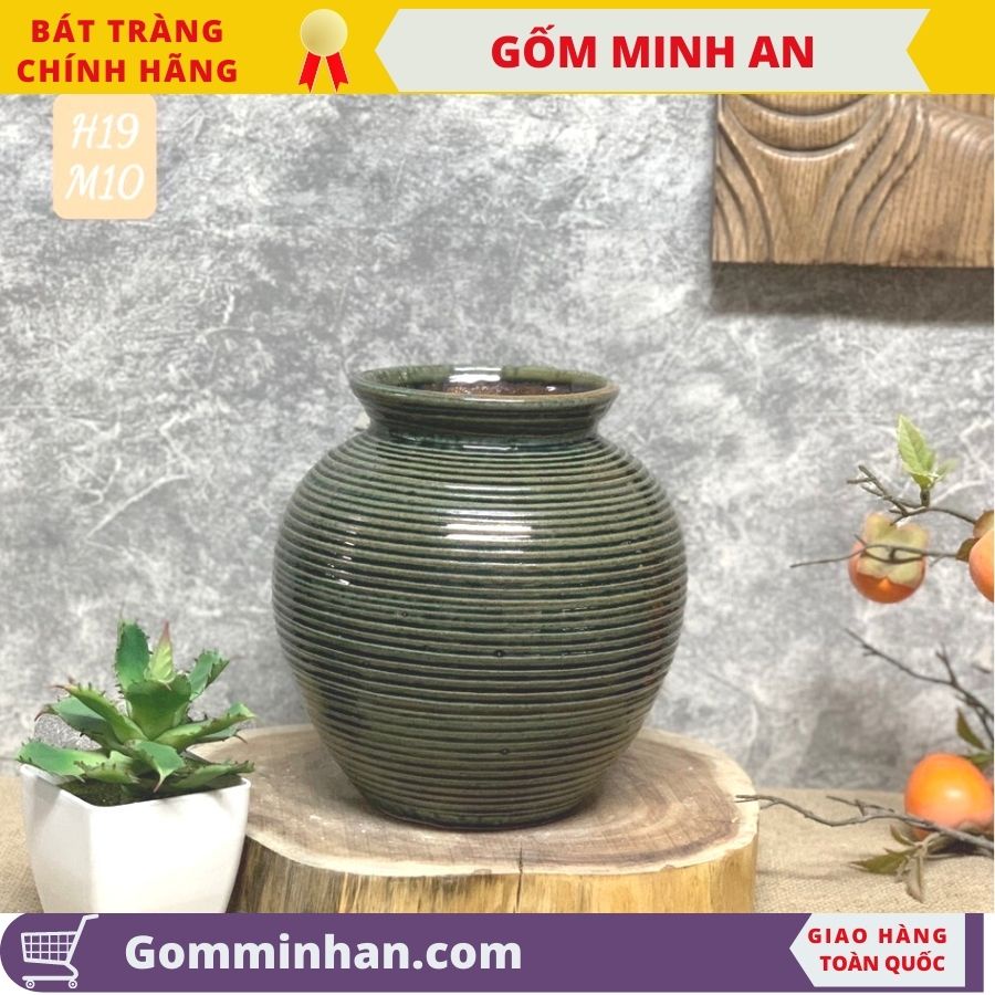 Bình Hoa Lọ Hoa Vò Tròn Dáng Thấp Men Mộc-Gốm Bát Tràng- Gốm Minh An