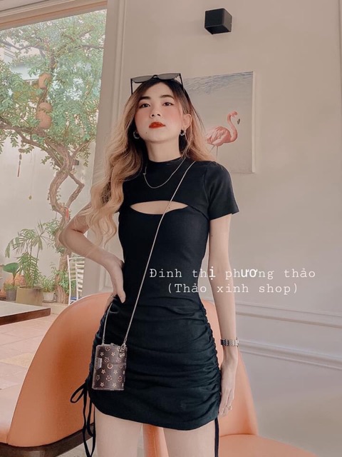 Váy thun body khoét ngực dây rút 2 bên, đầm ôm body nữ tính