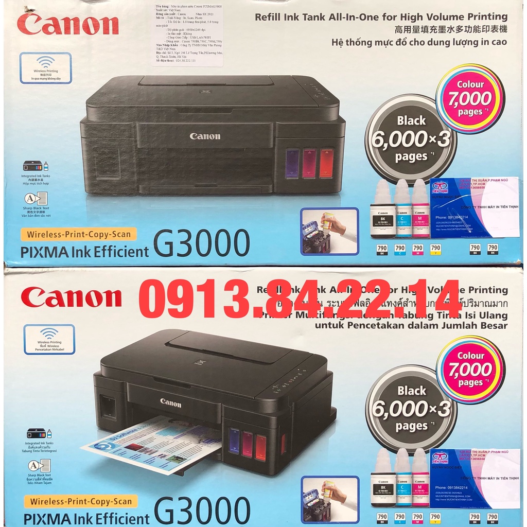Máy in phun màu Canon G3010 đa năng in scan photo, wifi dùng mực in liên tục hãng canon làm sẳn 4 màu lớn