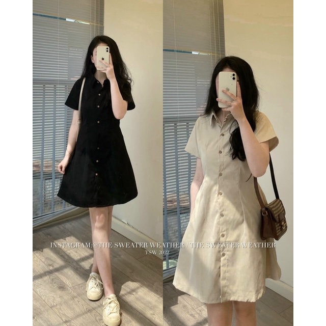 [Ảnh thật/sẵn] Váy sơmi chiết eo kết hợp chun lưng co giãn phong cách Hàn Quốc/ cúc gỗ