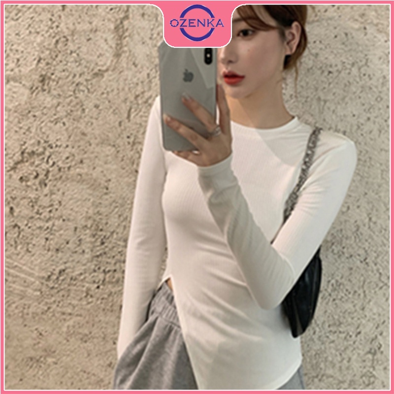 Áo thun croptop nữ tay dài sẻ gấu OZENKA , ao crt ôm body phong cách Hàn Quốc chất cotton lụa màu đen trắng dưới 52 kg