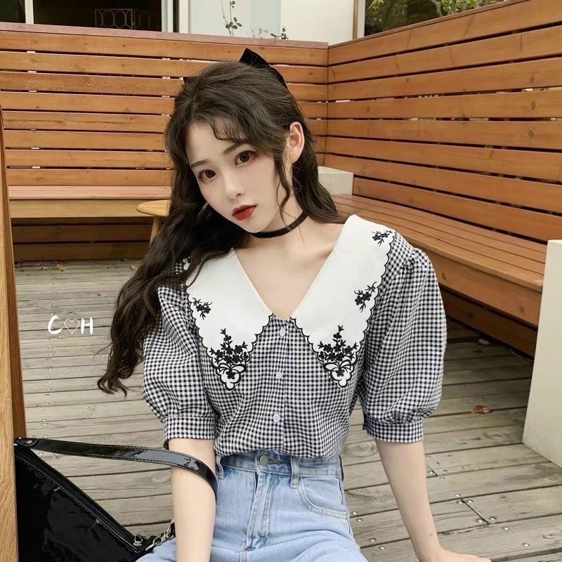 Áo sơ mi G406 cổ thêu hoa nữ tính CÓ BIGSIZE đi học hay công sở đều hợp thời trang dễ phối quần hoặc chân váy đều xinh