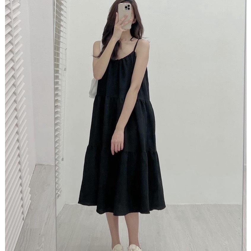 Váy dáng babydoll hai dây xòe ba tầng màu đen dây chỉnh được vanmiushop